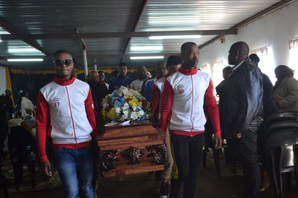 Former teammates of the late Free State Stars and Mpumalanga Black Aces player Roger Makume carrying his coffin.