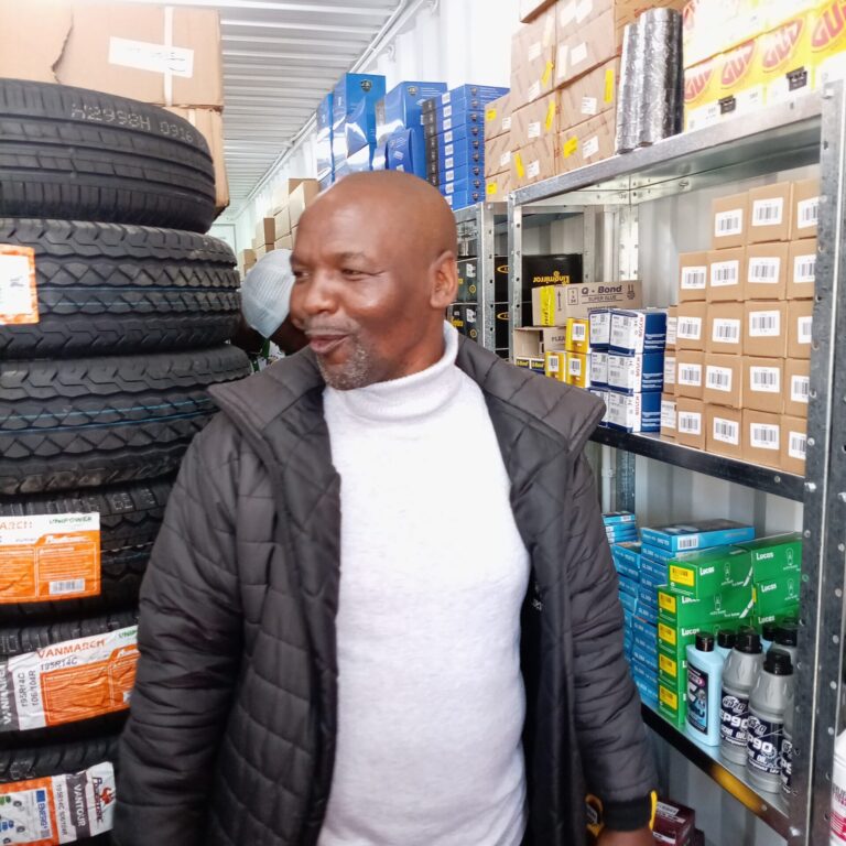 SANTACO regional chairperson Maine Menyatso inspects the fully stocked packed taxi spares Photo:Teboho Moloi