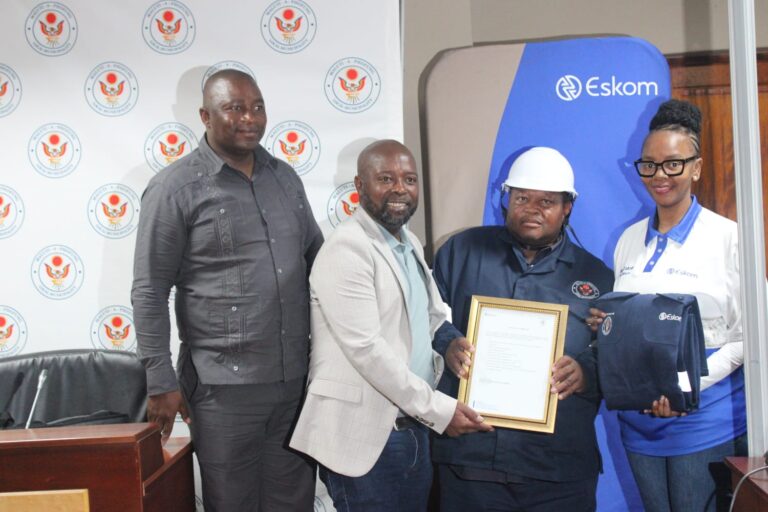 MAP mayor Tumelo Thebe, council speaker MandleNkosi Dlamini Eskom rep Joyce Moorole with electrician
