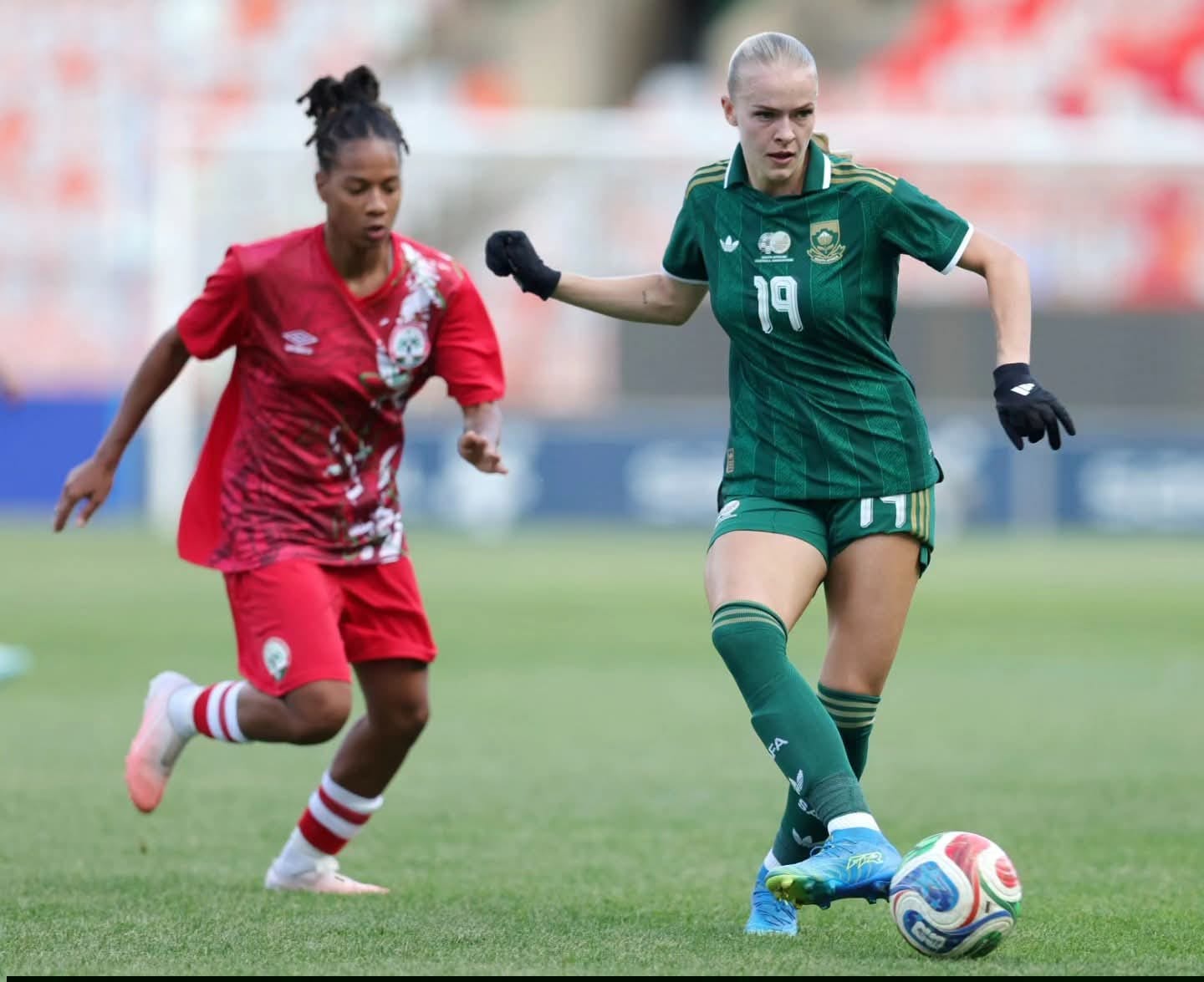 In Photo (supplied by SAFA): Banyana Banyana taking on Madagascar at Toyota Stadium.