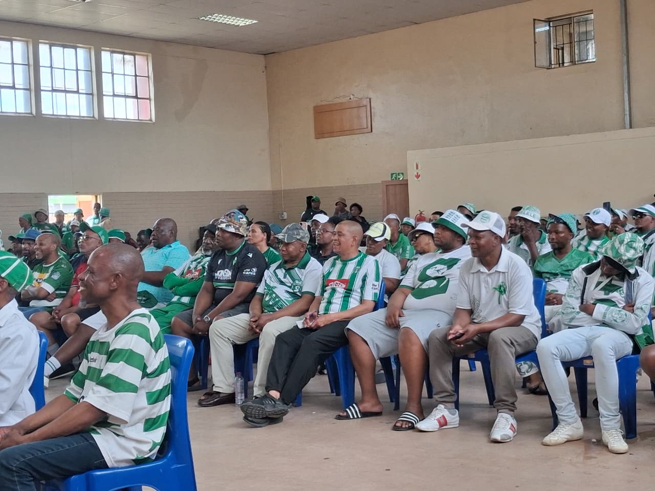 In Photo (supplied by Siwelele FC): Supporters of Siwelele FC during the Chairman's Calvin Le John address at Paradise Hall in Bochabela, Bloemfontein.